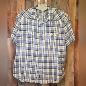 Lucky Brand Santa Fe Western Pearl Snap Shirt Mens XXL Blue Plaid Linen Blend